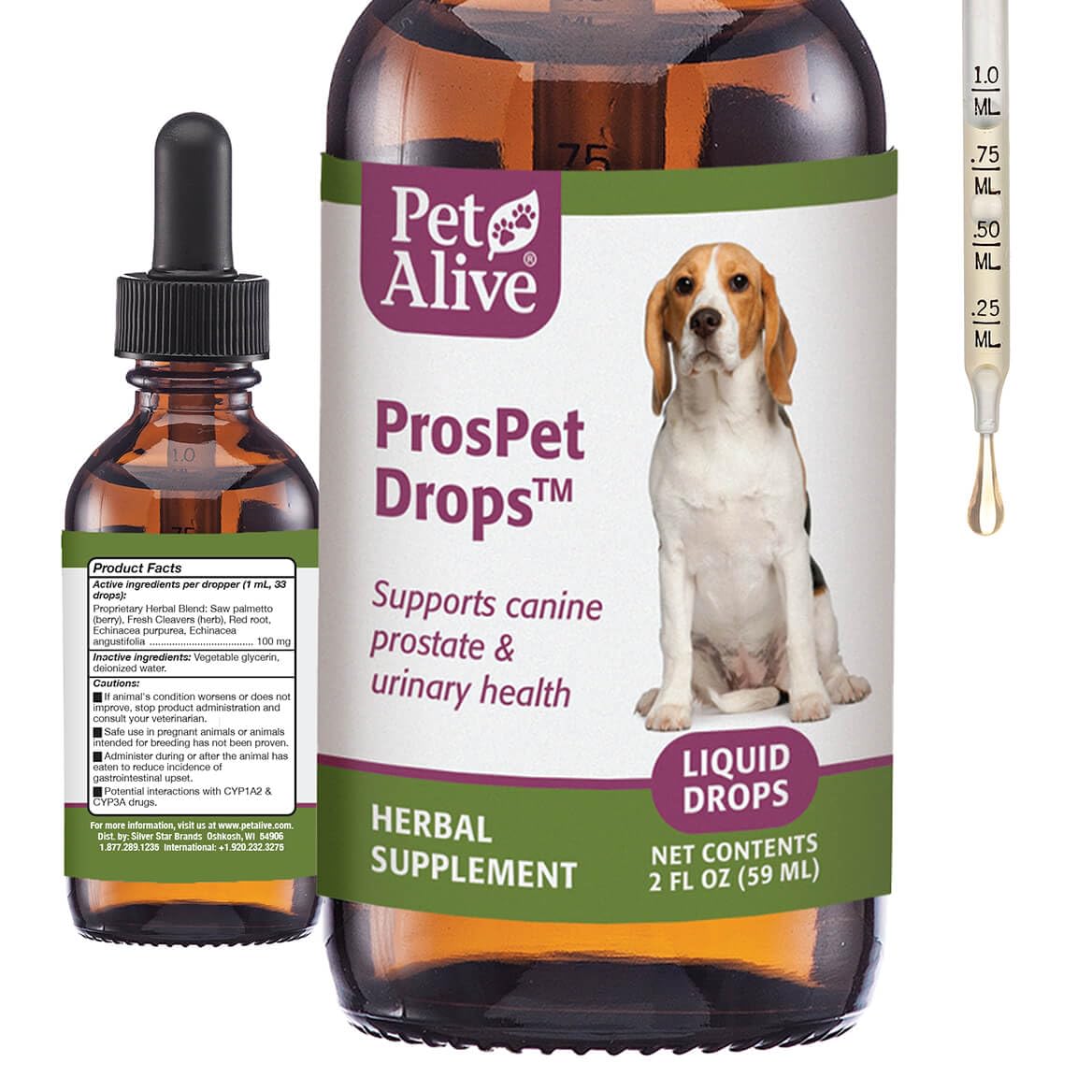 PetAlive ProsPet Drops bottle front showing urinary and prostate support for dogs.