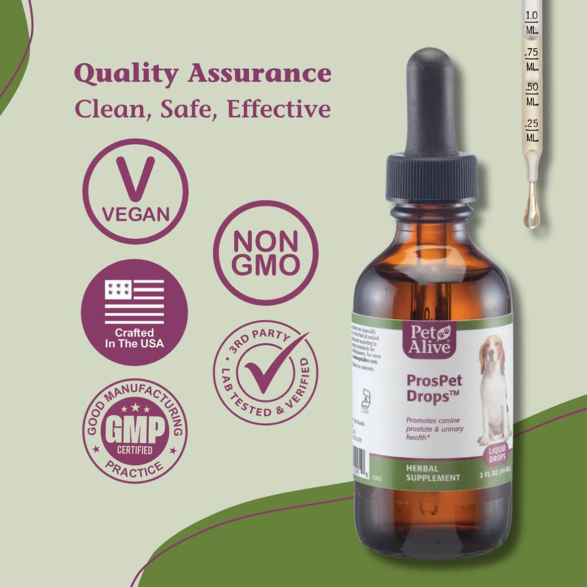 PetAlive ProsPet Drops bottle label highlighting immune support for dogs.