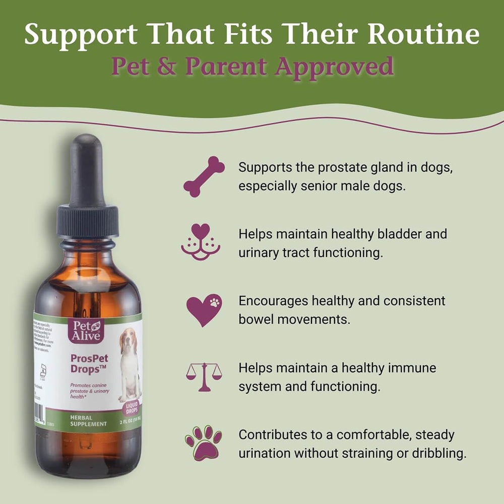 PetAlive ProsPet Drops herbal blend close-up emphasizing canine urinary support.