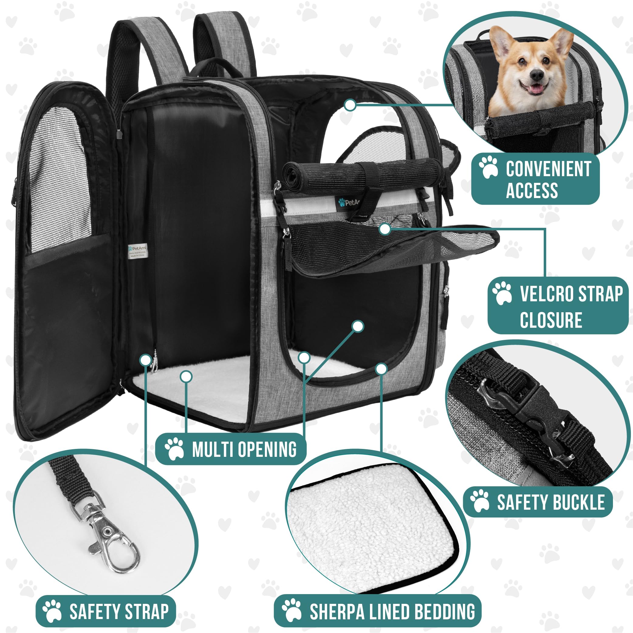 PetAmi backpack safety strap and buckle ensure secure travel.