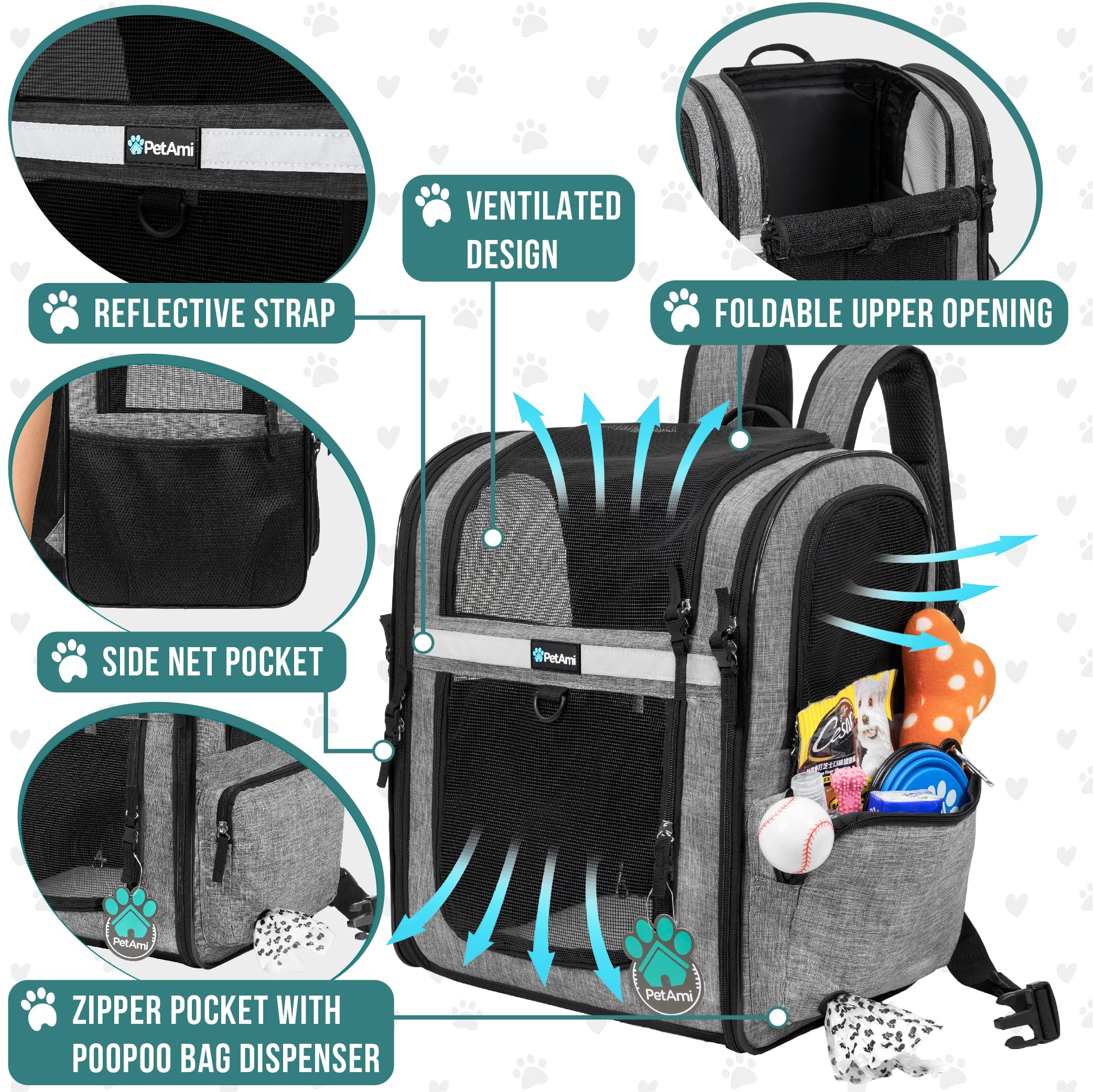 PetAmi cat backpack ventilated design enhances airflow and visibility for anxious pets.