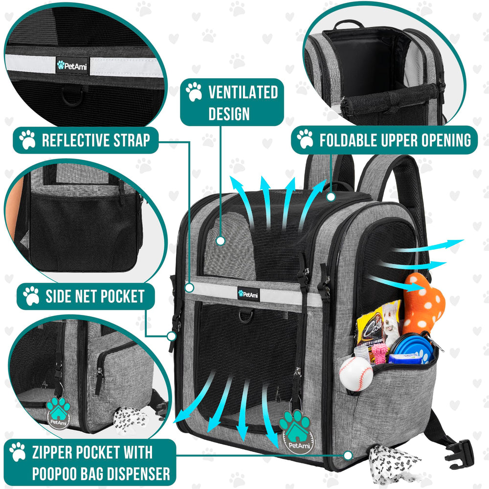 PetAmi cat backpack ventilated design enhances airflow and visibility for anxious pets.