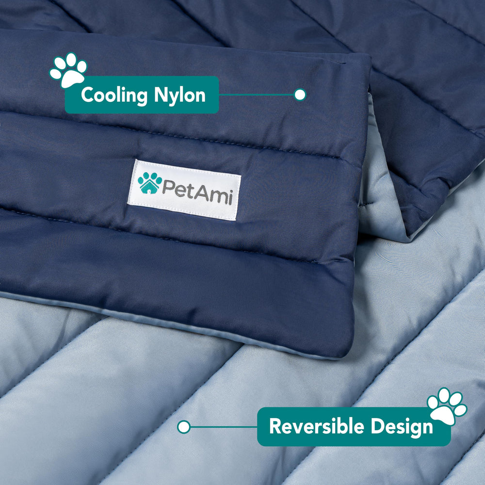 PetAmi cooling mat on couch demonstrates furniture protection with plush comfort.