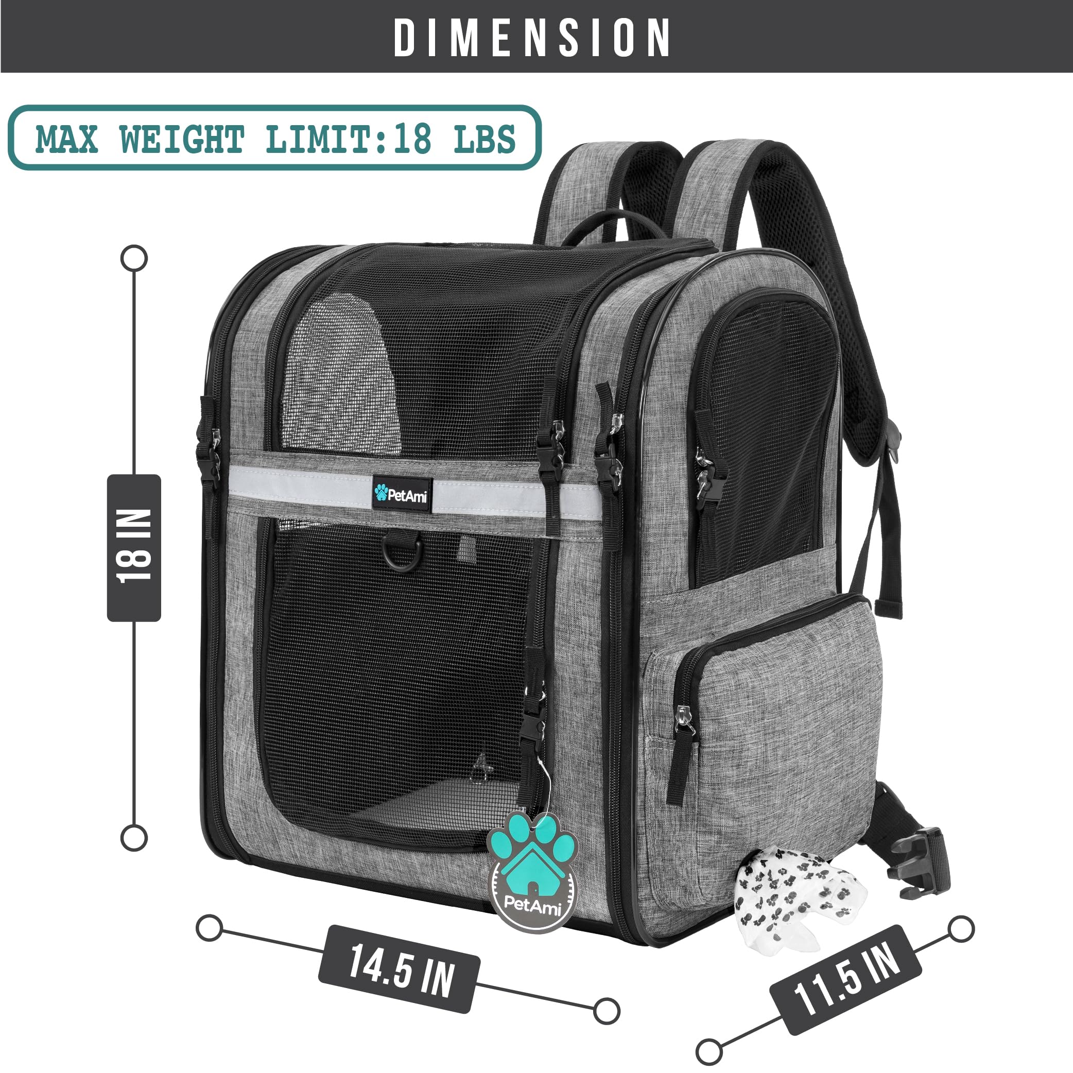 PetAmi dog backpack carrier side entry demonstrates easy access from either side.