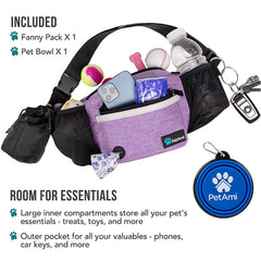 PetAmi dog fanny pack purple back view showing secure pockets for phone and keys