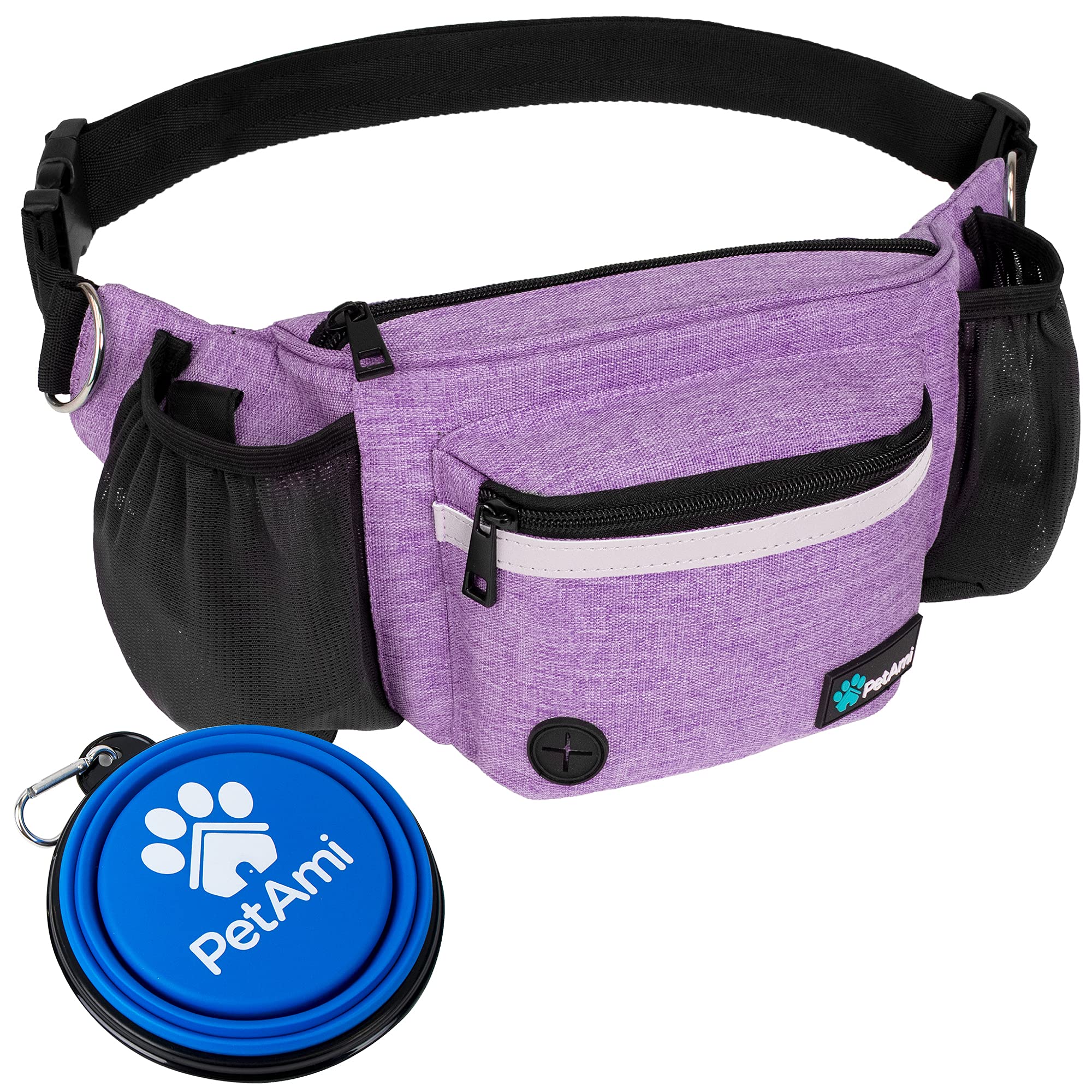 PetAmi dog fanny pack purple front view for hands-free walks and easy accessibility