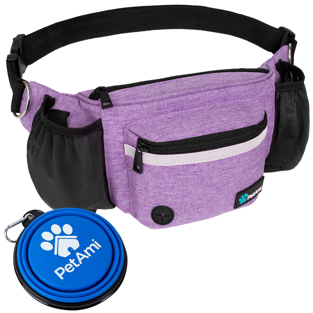 PetAmi dog fanny pack purple front view for hands-free walks and easy accessibility