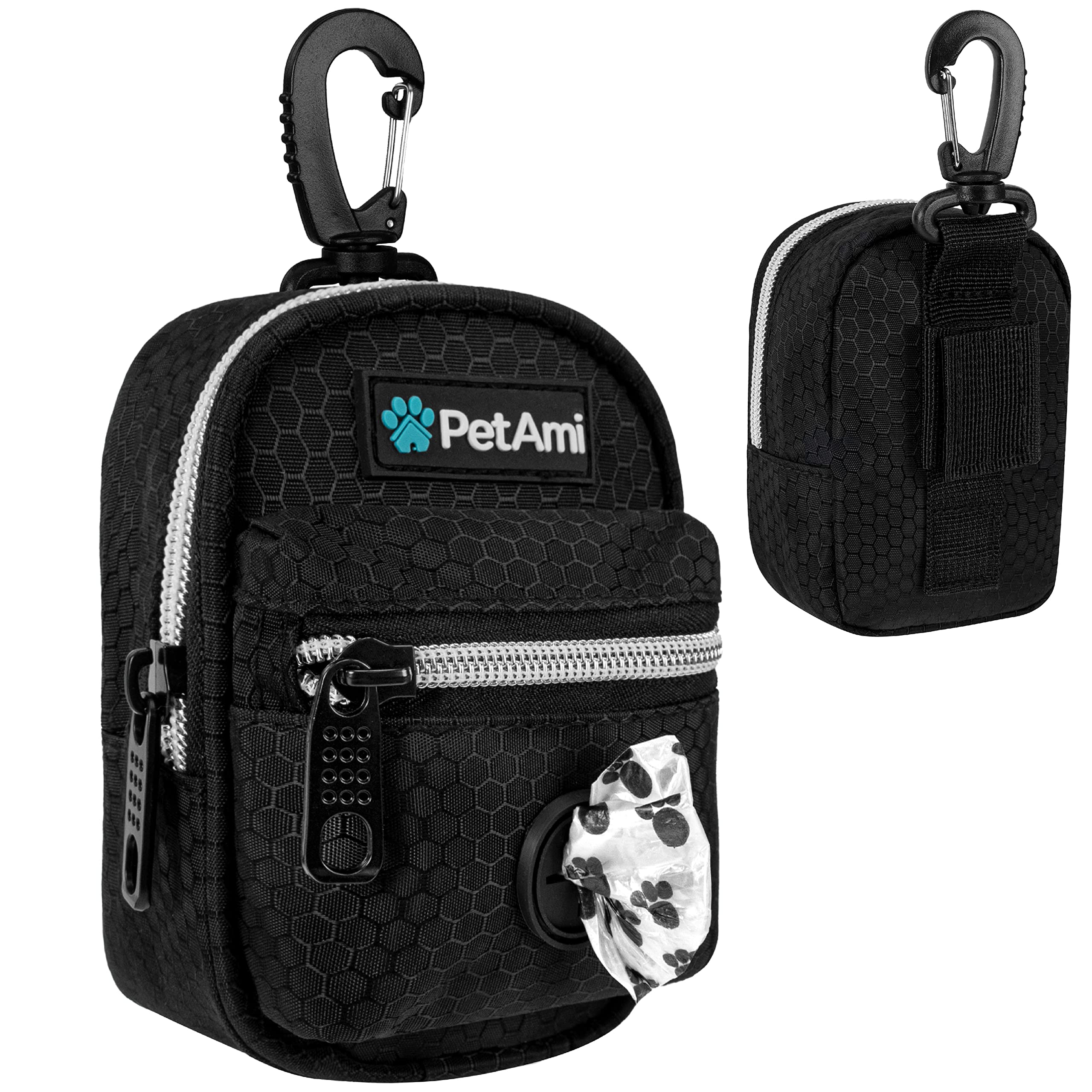 PetAmi dog poop bag holder clip attachment showing secure leash clip for hands-free walking