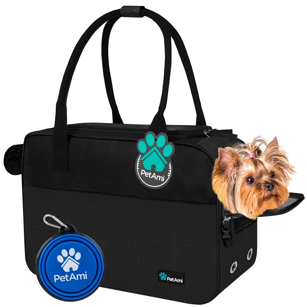 PetAmi dog purse carrier under-seat view demonstrates airline-friendly compact design for travel.