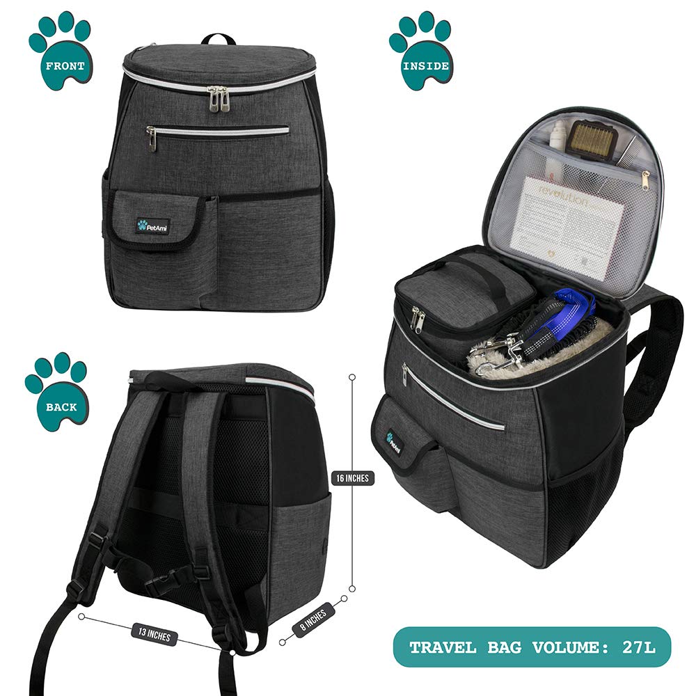 PetAmi travel backpack interior reveals organized pockets for treats, toys, and training gear.
