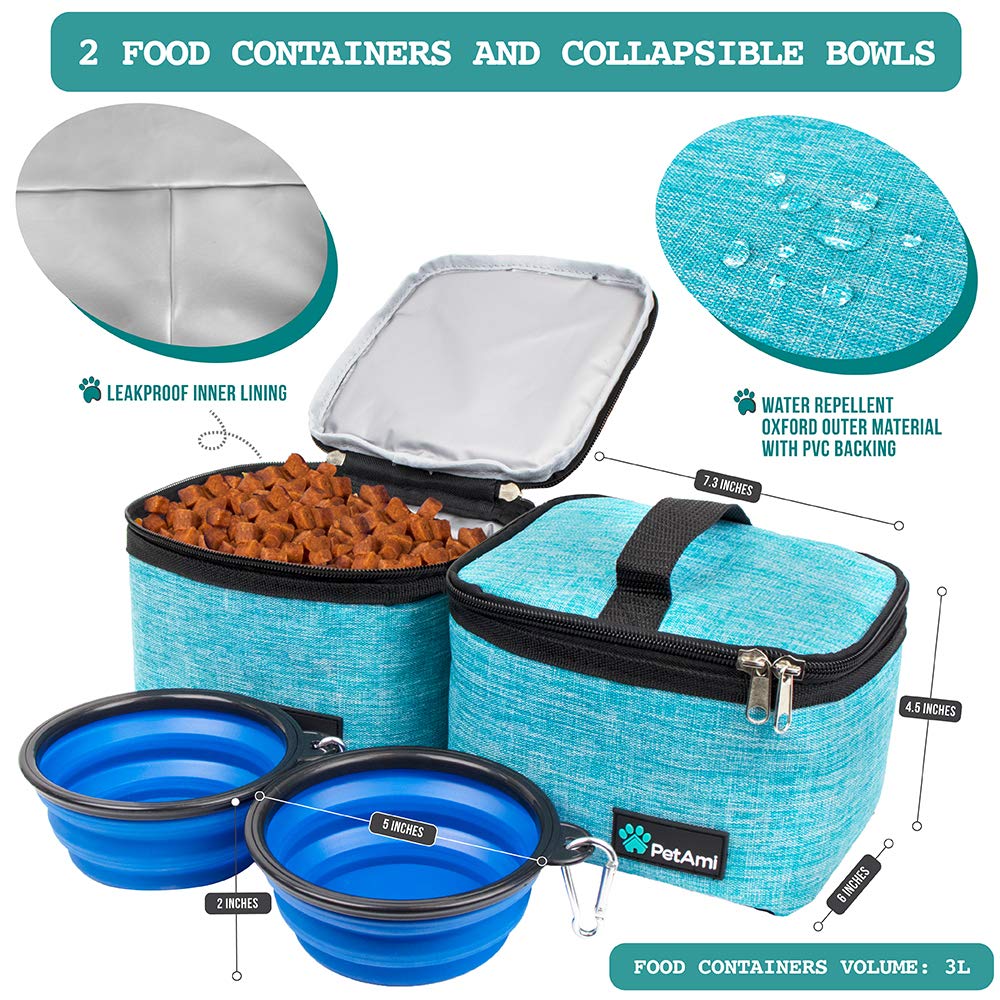PetAmi Travel Bag collapsible bowls provide on the go feeding options.