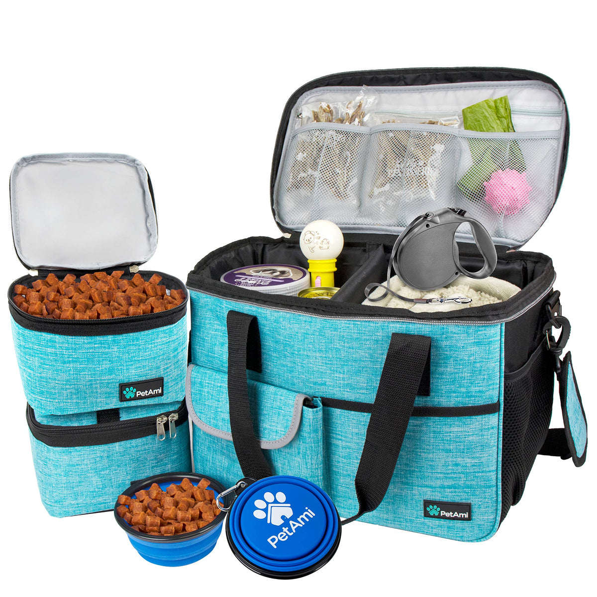 PetAmi Dog Travel Bag Sea Blue Medium keeps essentials organized for weekend trips.