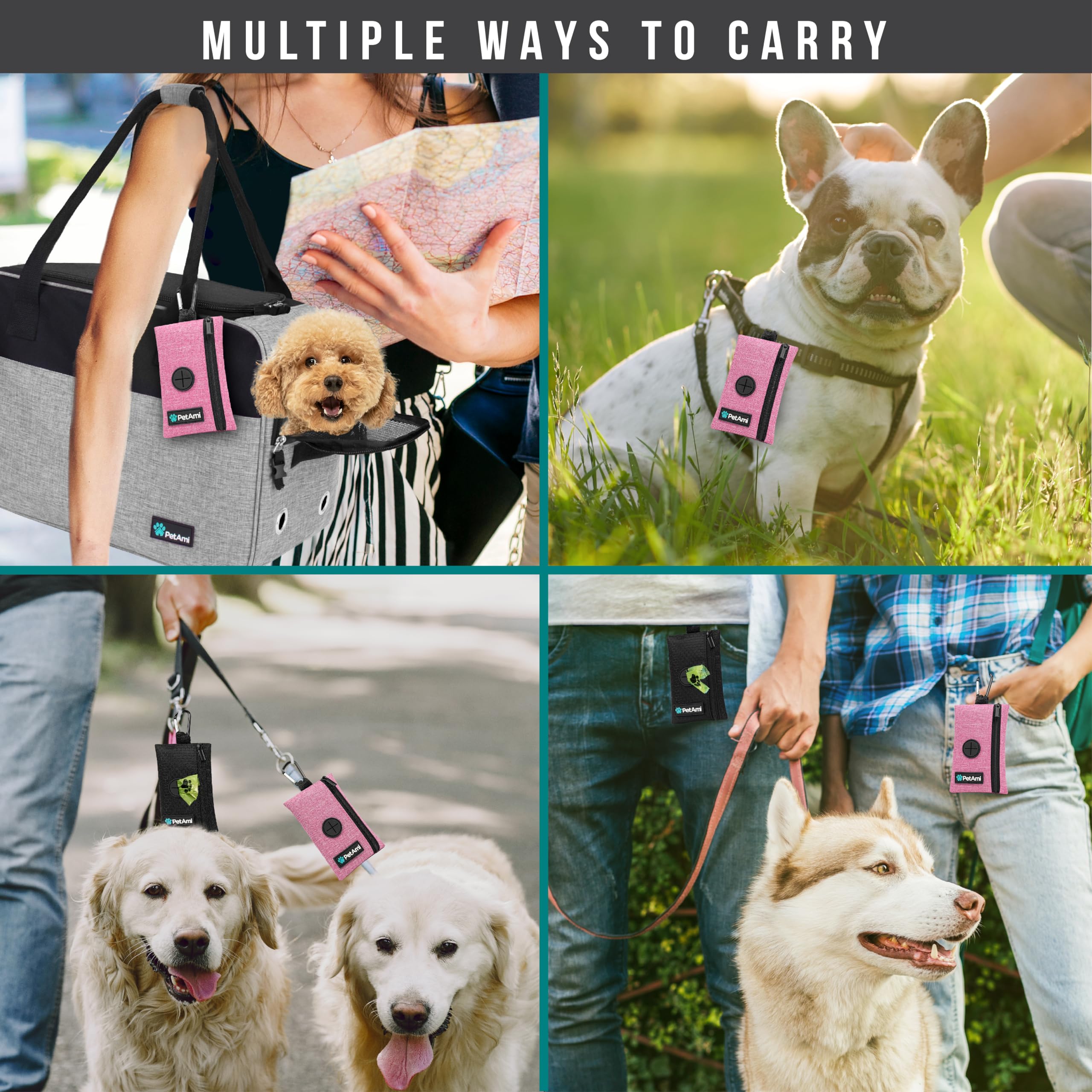 PetAmi compact pink dog walking bag on leash during walk