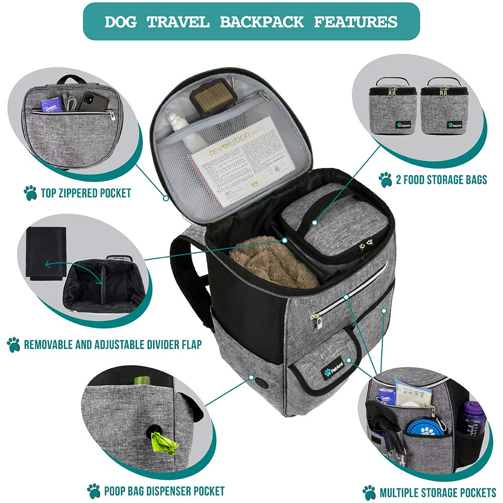 PetAmi food containers and two collapsible bowls keep pet meals organized on trips.