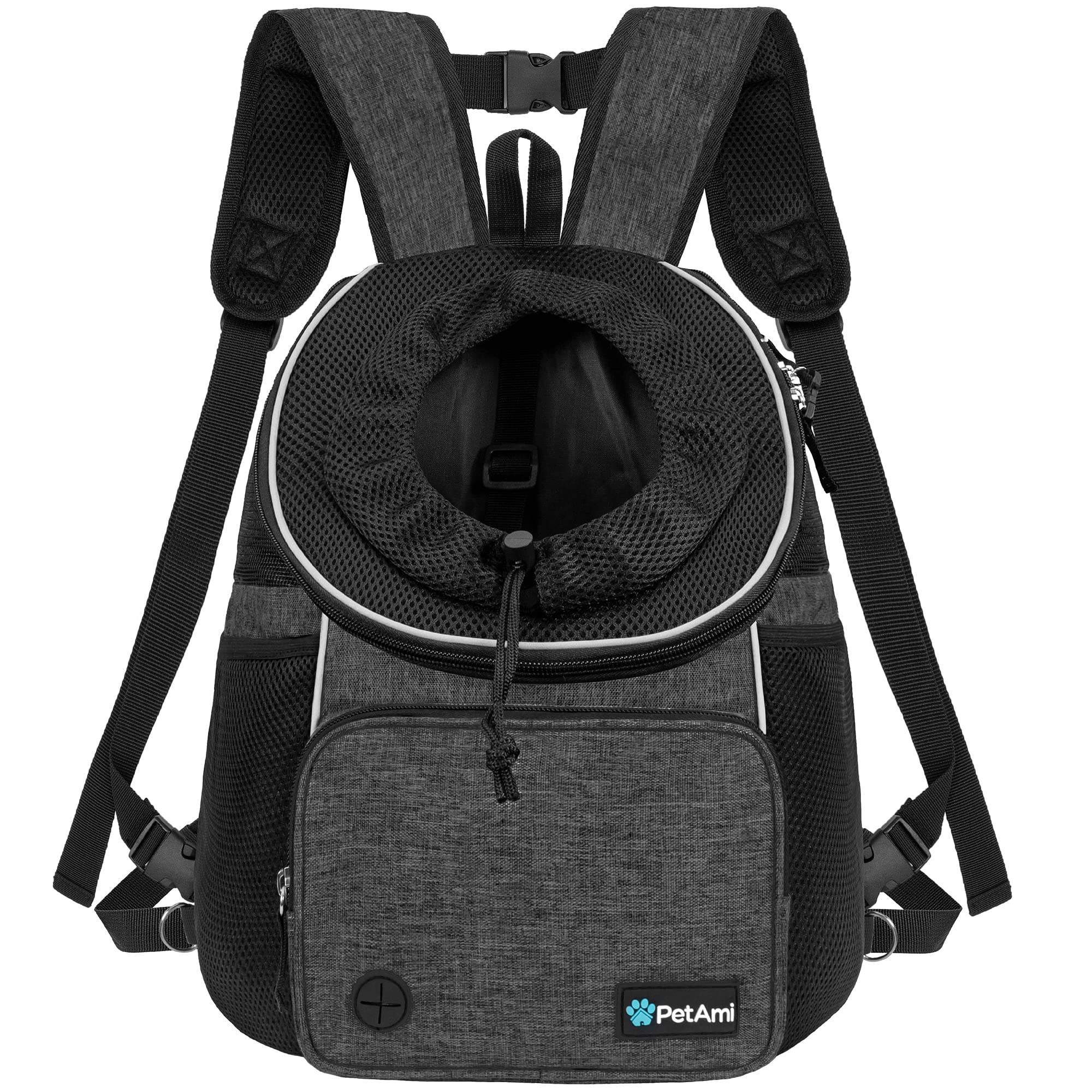 PetAmi front-chest carrier view enables hands-free adventures with dogs or cats.