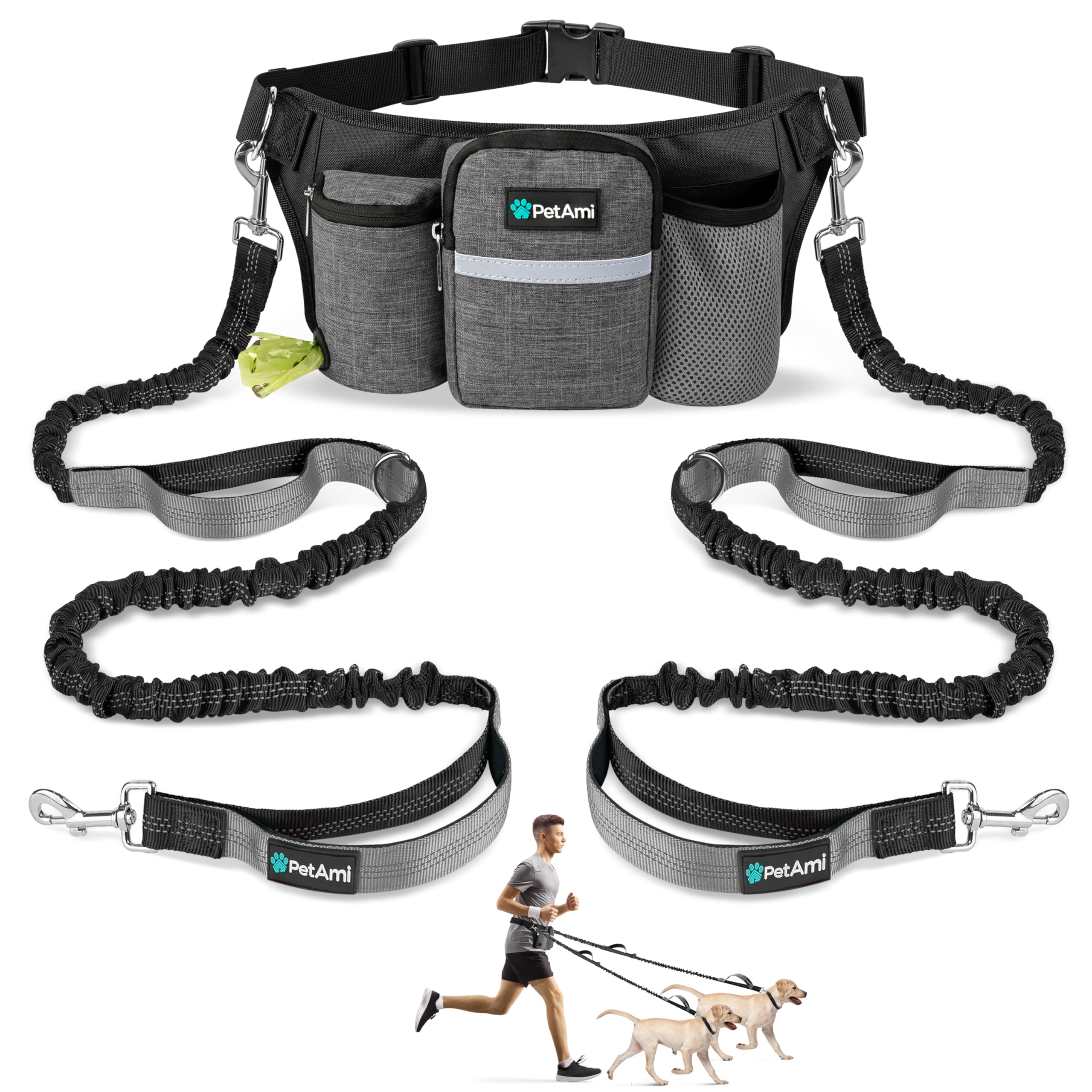 PetAmi premium hands-free dog leash dual-bungee setup helps you walk two dogs comfortably