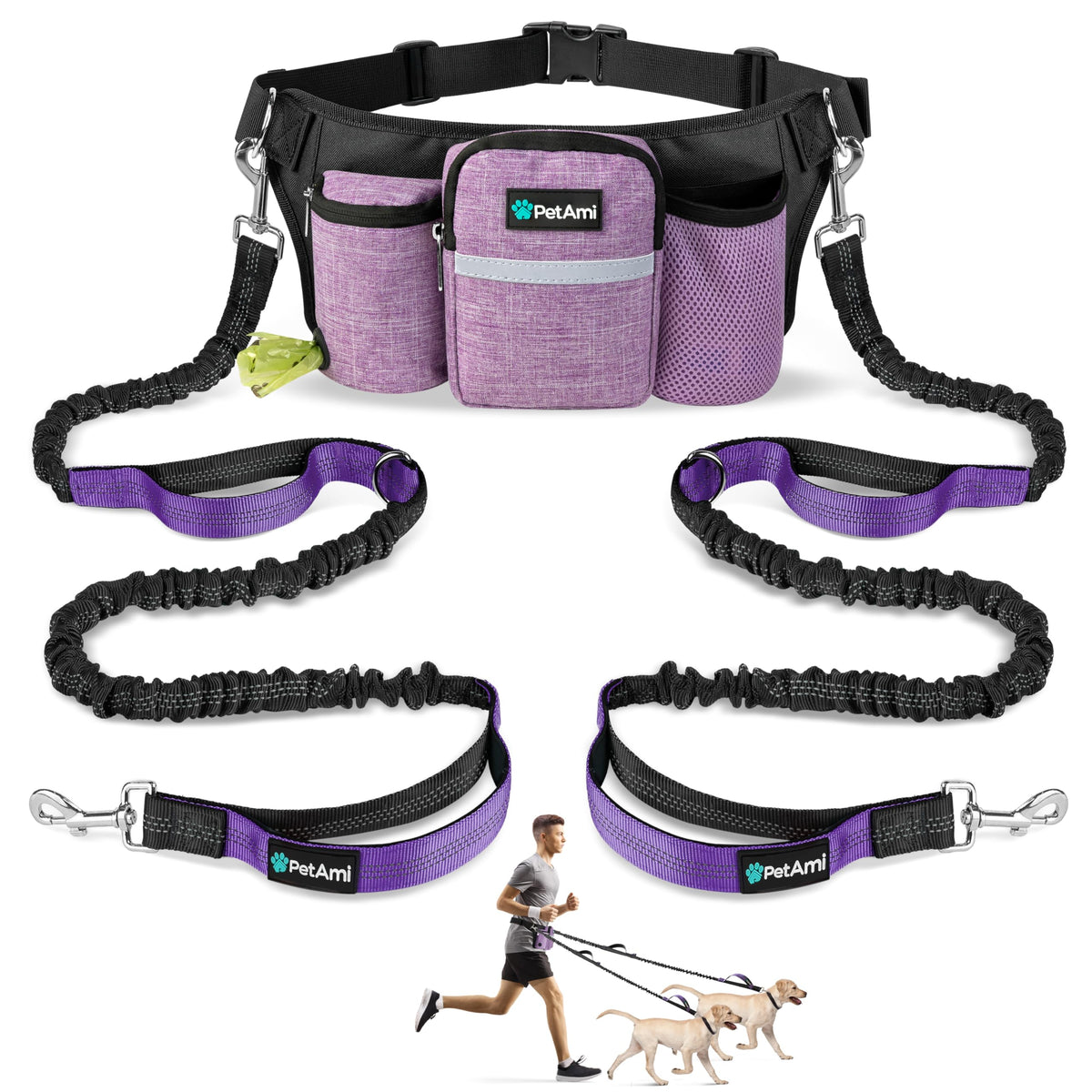 PetAmi Premium Hands Free Dog Leash two-dogs setup for hands-free walking and control.