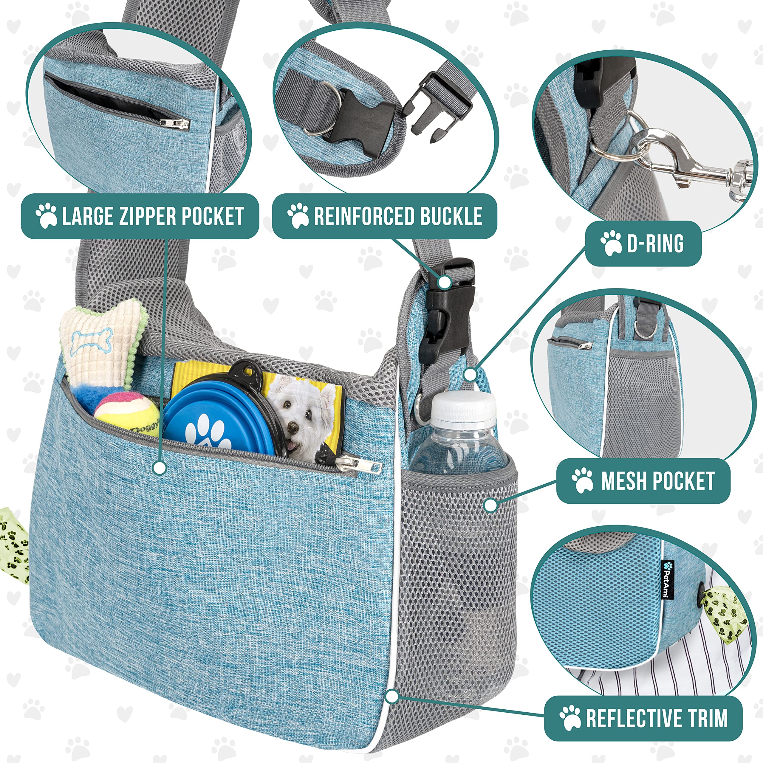 PetAmi padded shoulder strap emphasizes comfort during long car trips and walks.