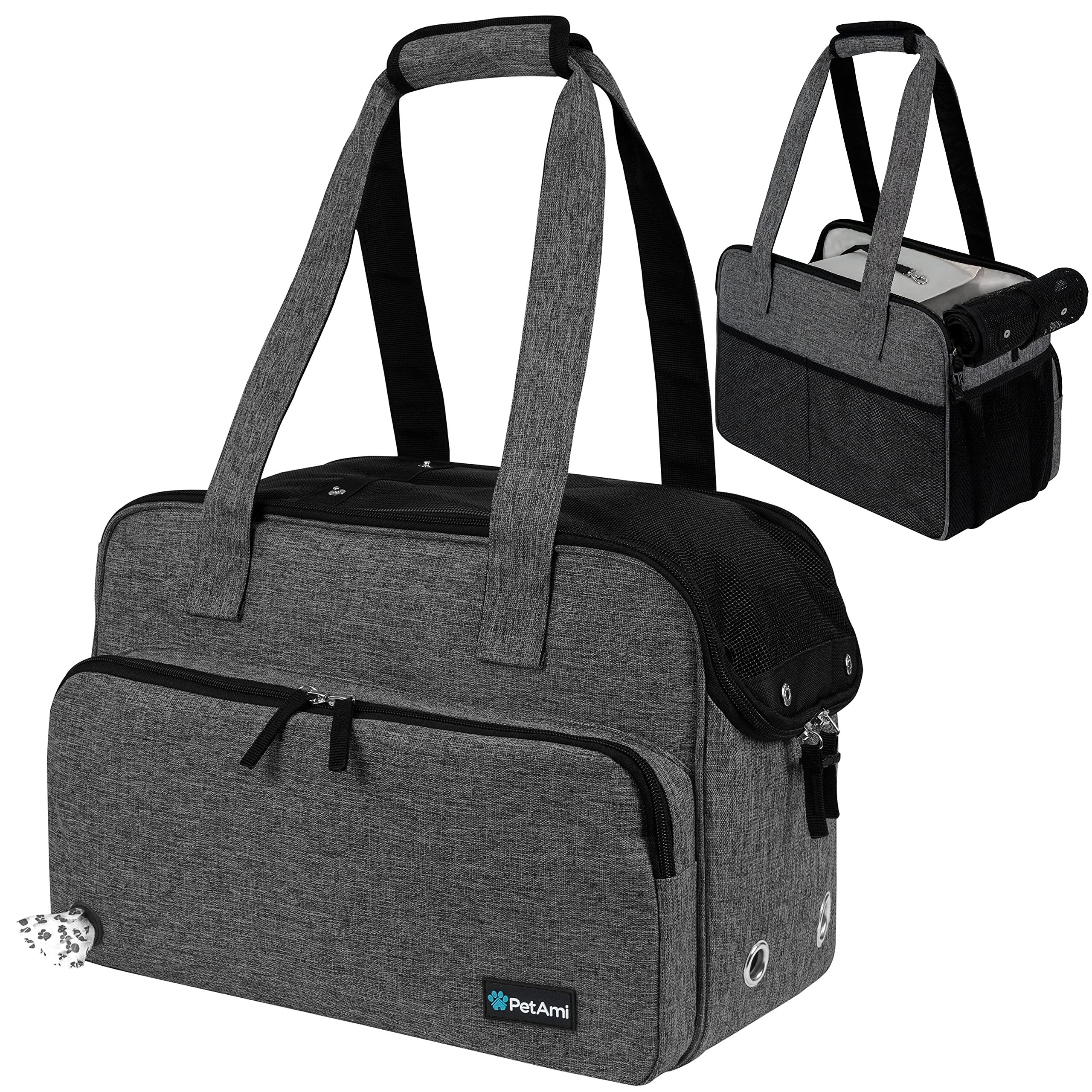 PetAmi small dog purse carrier front view with breathable mesh and cozy sherpa bed.