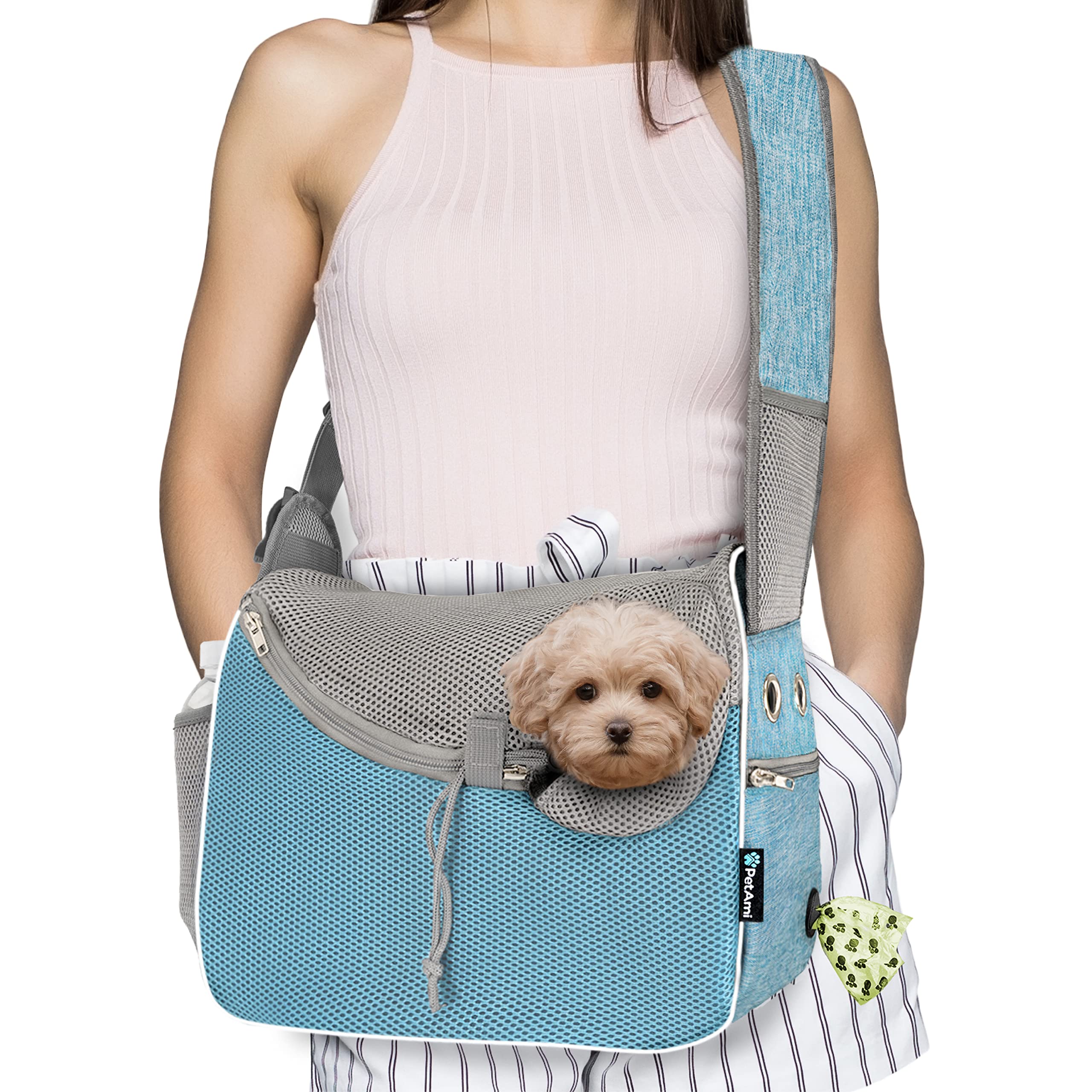 PetAmi small dog sling carrier blue top view enables hands-free travel with comfortable crossbody design.