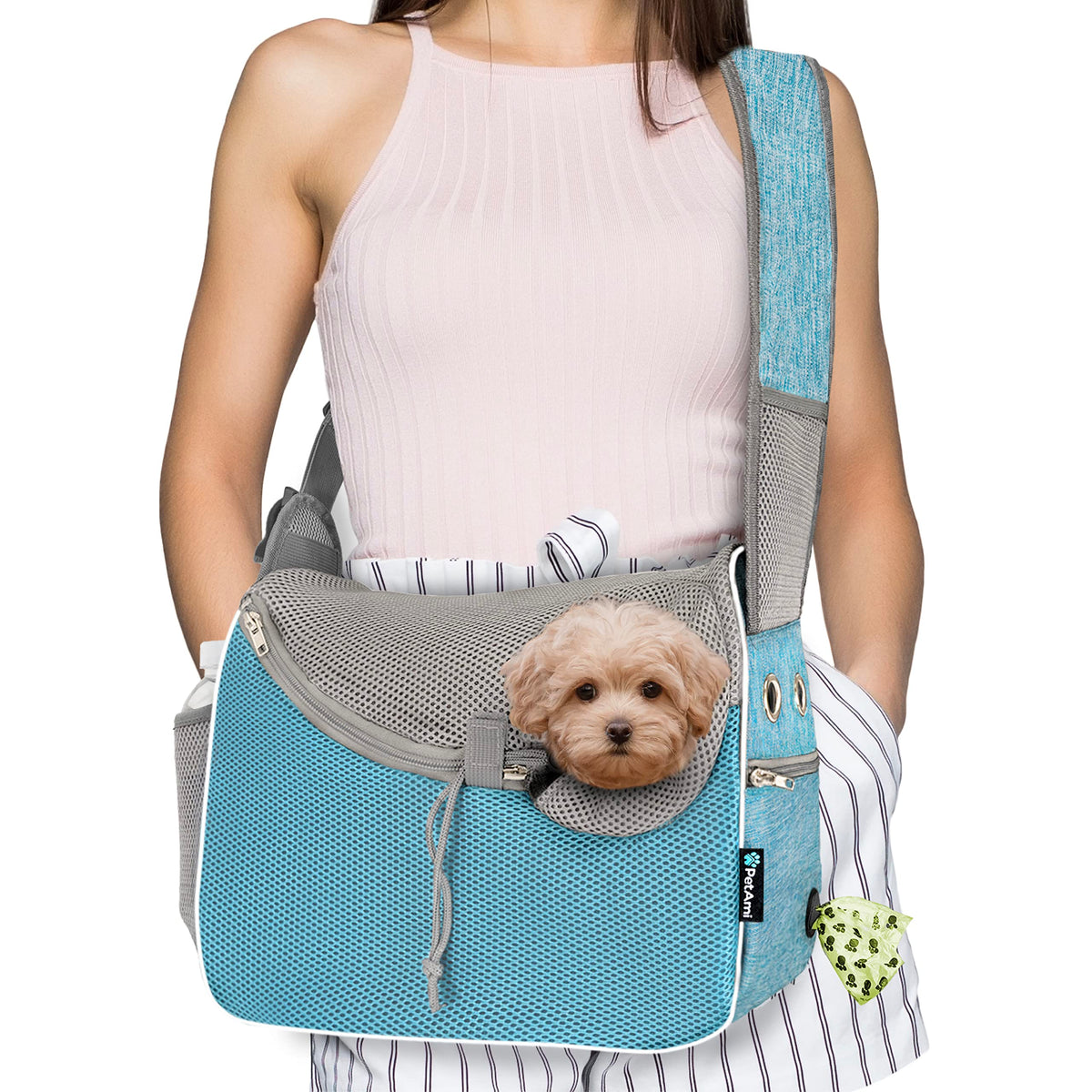 PetAmi small dog sling carrier blue top view enables hands-free travel with comfortable crossbody design.