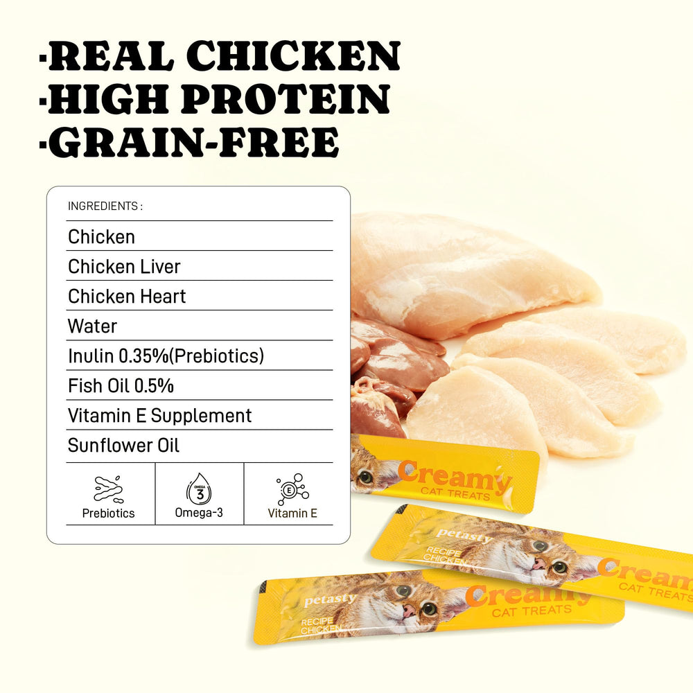 PETASTY Squeezable cat treat packaging shows 20 tubes and grain-free formula