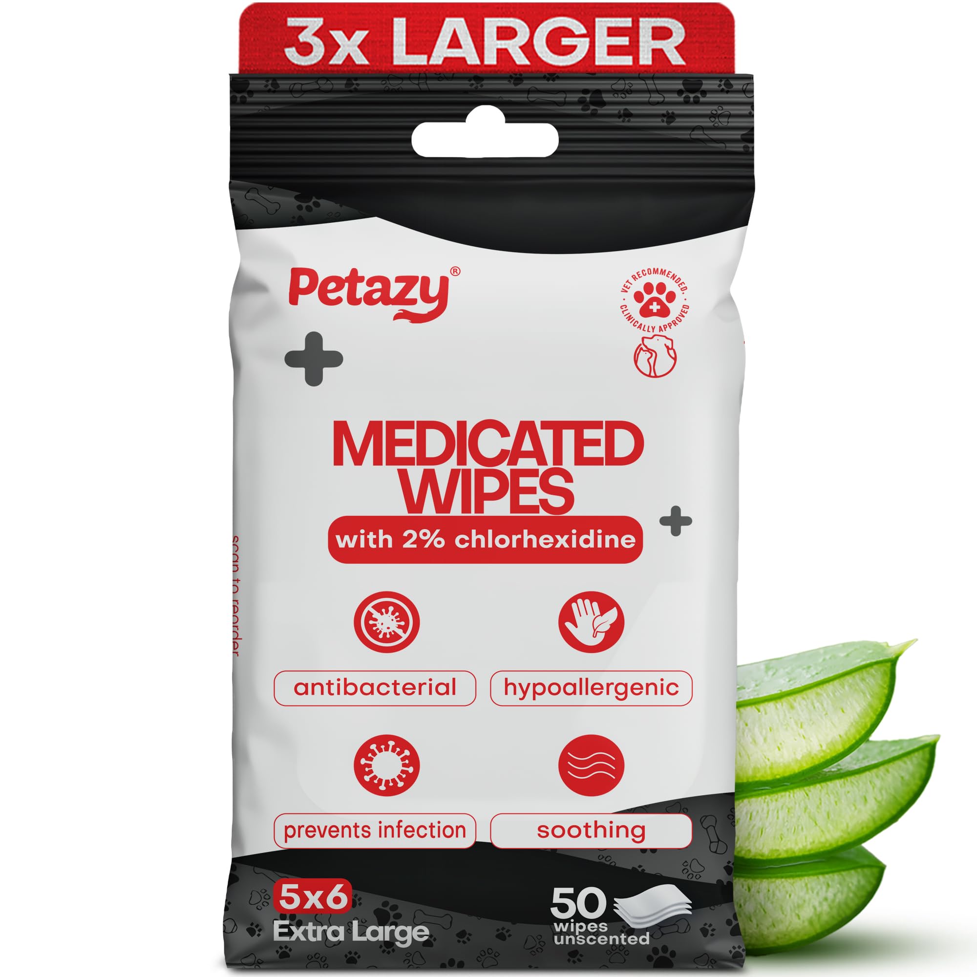 Petazy 2% Chlorhexidine Wipes packaging close-up for quick at-home medicated care.