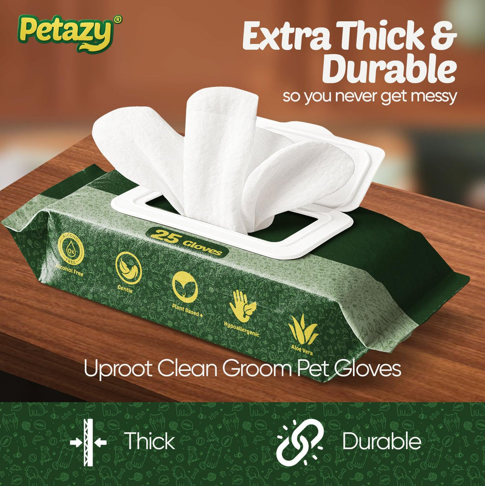 Petazy Pet Glove Wipes butt cleaning in bathroom setting.