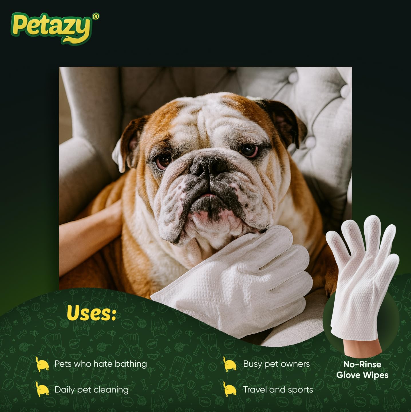 Petazy Pet Glove Wipes eco-friendly plant-based materials label.