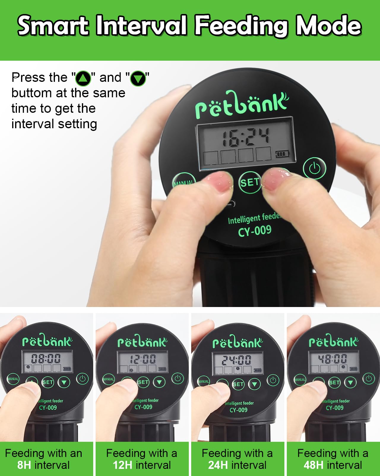 Petbank feeder adjustable portion slider enables precise servings for pets.
