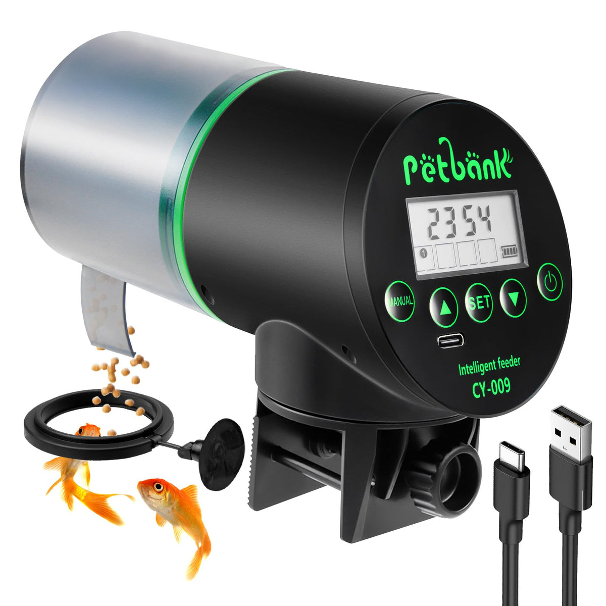 Petbank automatic fish feeder USB charger demonstrates reliable, battery-free feeding.