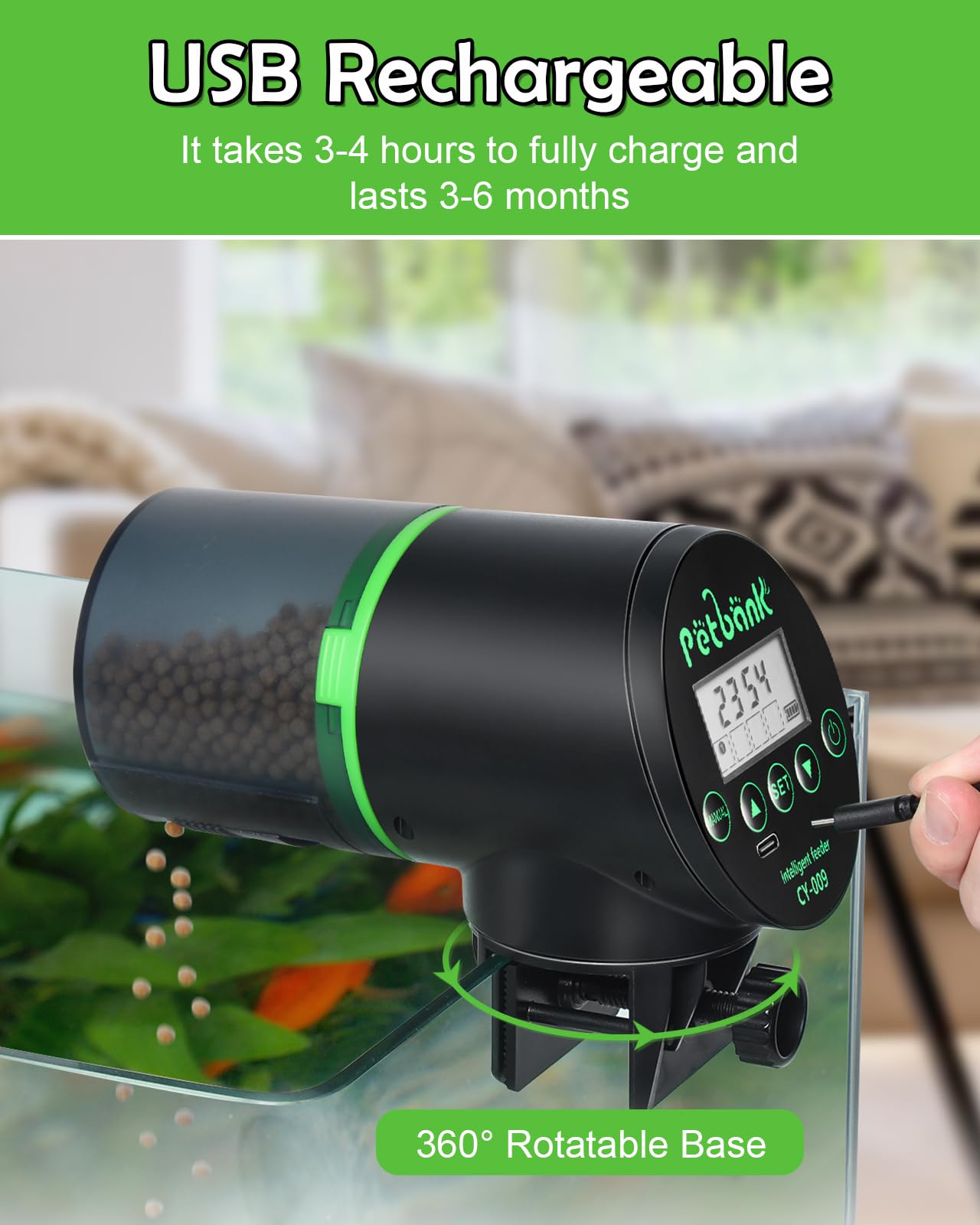 Petbank feeder mounted with clip demonstrates secure, versatile placement options.