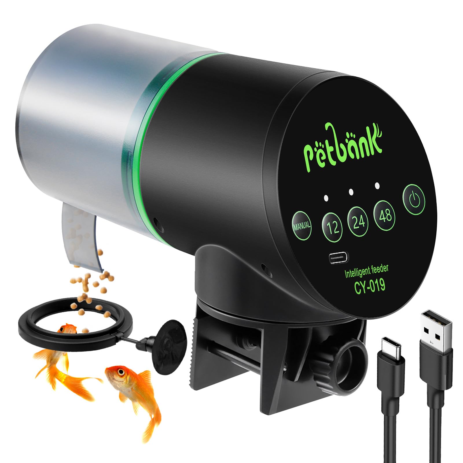 Petbank automatic fish feeder front view highlights compact design for easy daily feeding.