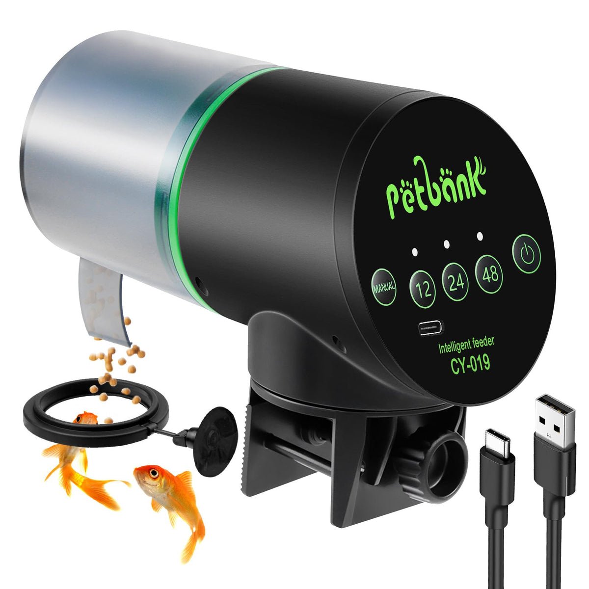 Petbank automatic fish feeder front view highlights compact design for easy daily feeding.
