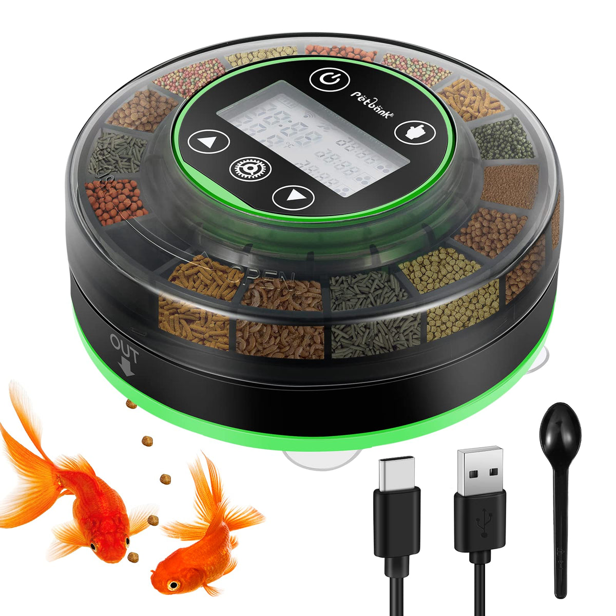 Petbank automatic fish feeder full setup shows 16-grid precision portions for consistent feeding