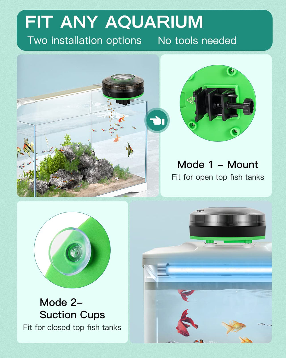 Petbank automatic fish feeder suction-cup-install highlights easy setup on lid or cover
