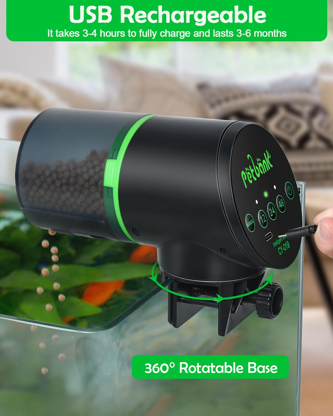 Petbank fish feeder 200ml capacity image emphasizes large food reservoir.
