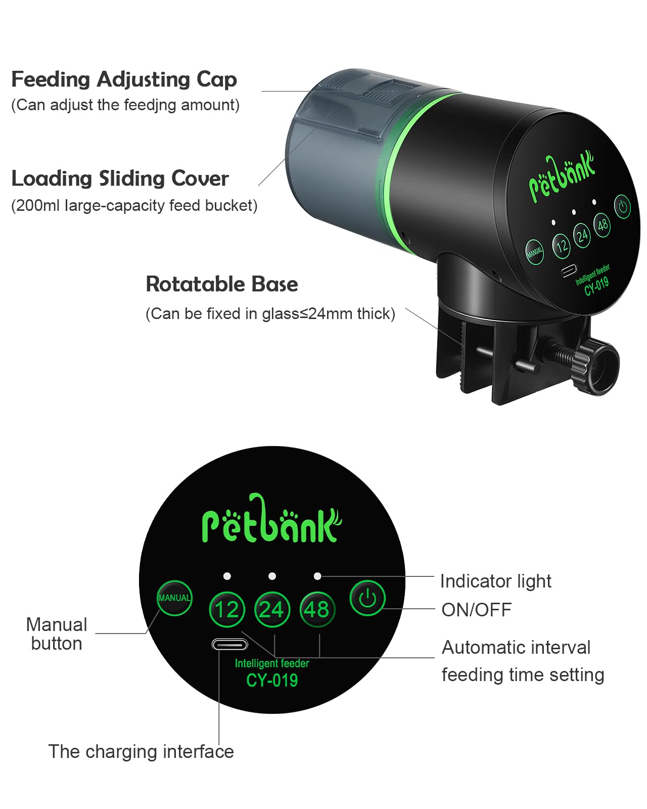 Petbank fish feeder adjustable amount slider image enables precise feeding portions.