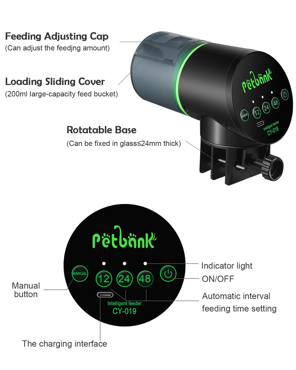 Petbank fish feeder adjustable amount slider image enables precise feeding portions.