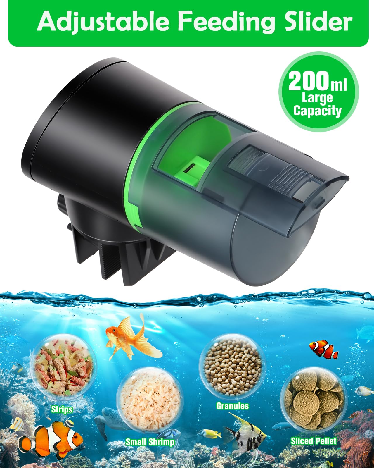 Petbank fish feeder battery life extended image conveys long-lasting power up to months.