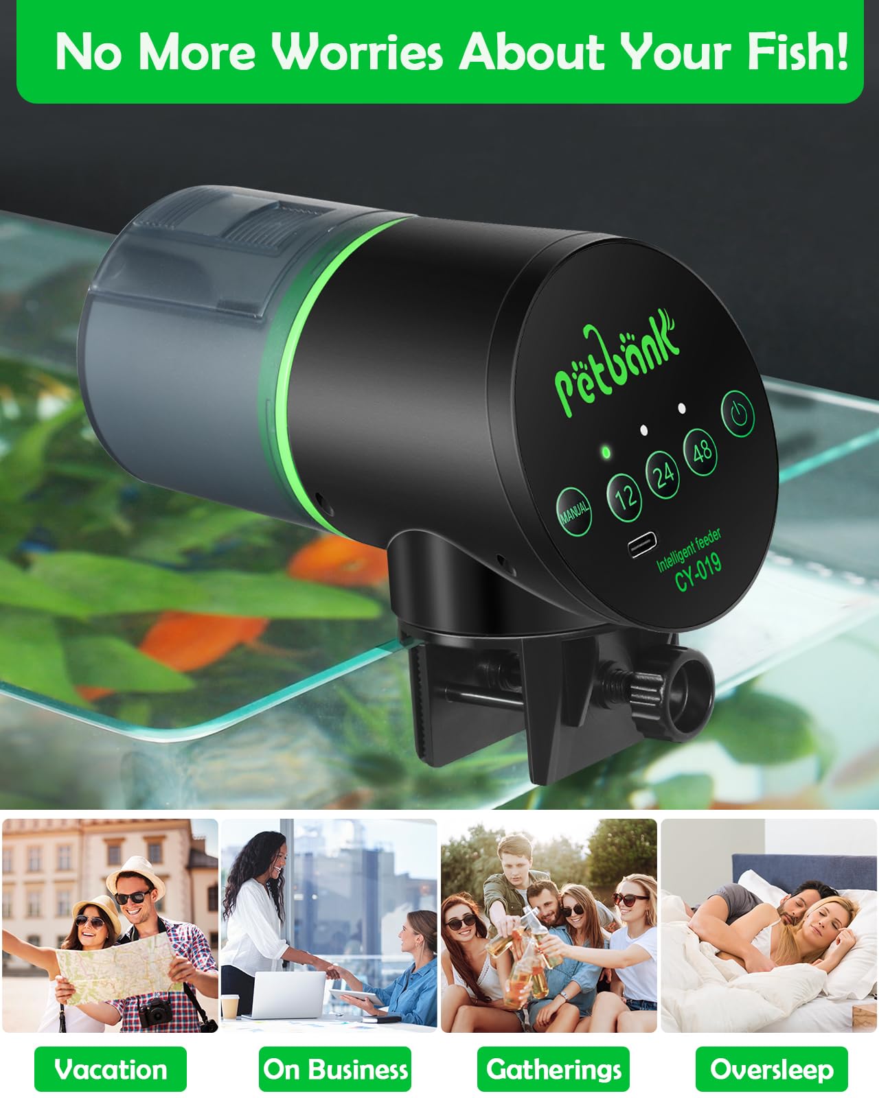 Petbank fish feeder clamp-on mount image demonstrates versatile installation on tanks.