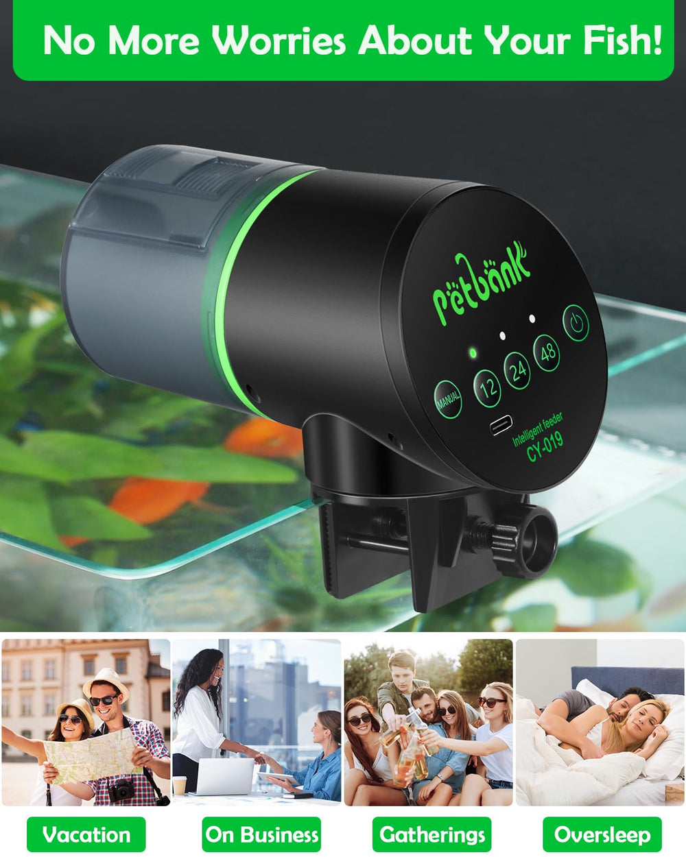 Petbank fish feeder clamp-on mount image demonstrates versatile installation on tanks.