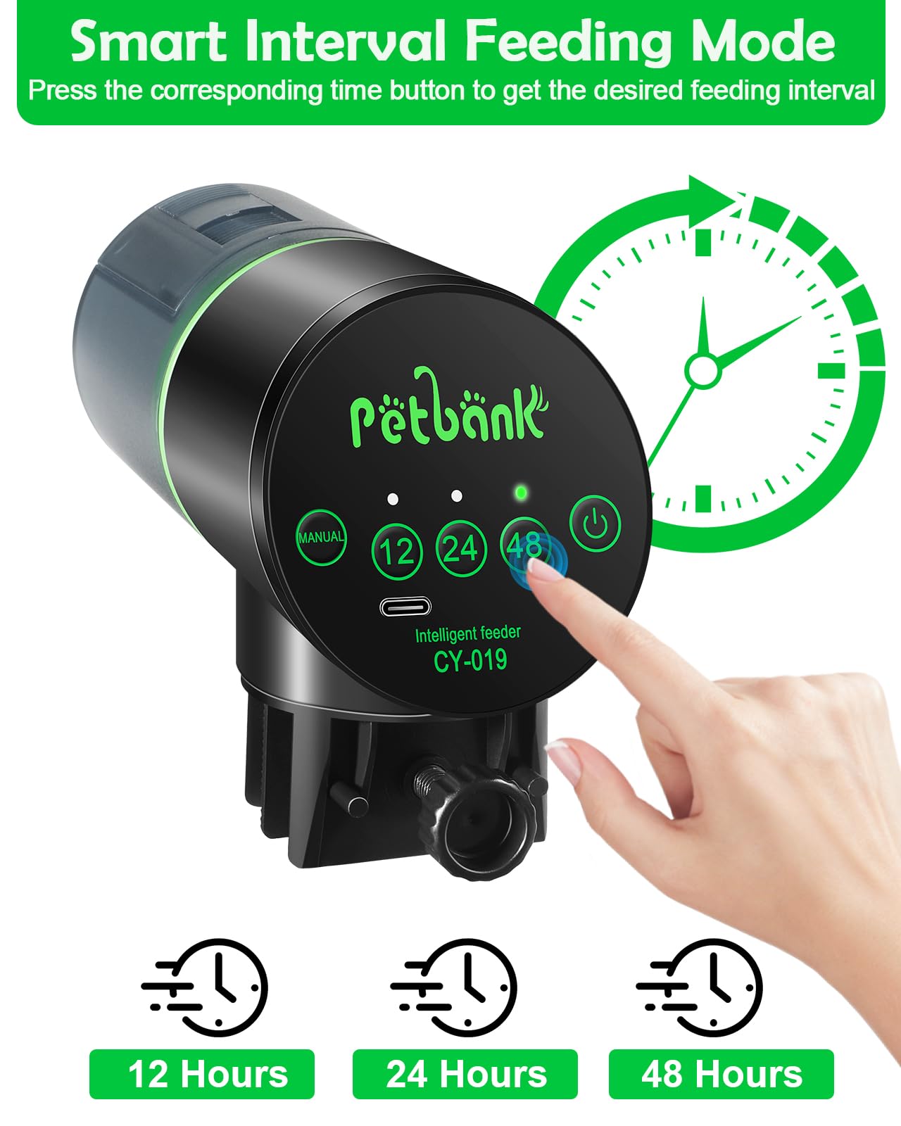 Petbank fish feeder interval settings image demonstrates 12/24/48h options for flexible schedules.