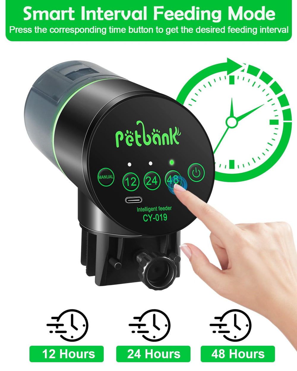 Petbank fish feeder interval settings image demonstrates 12/24/48h options for flexible schedules.
