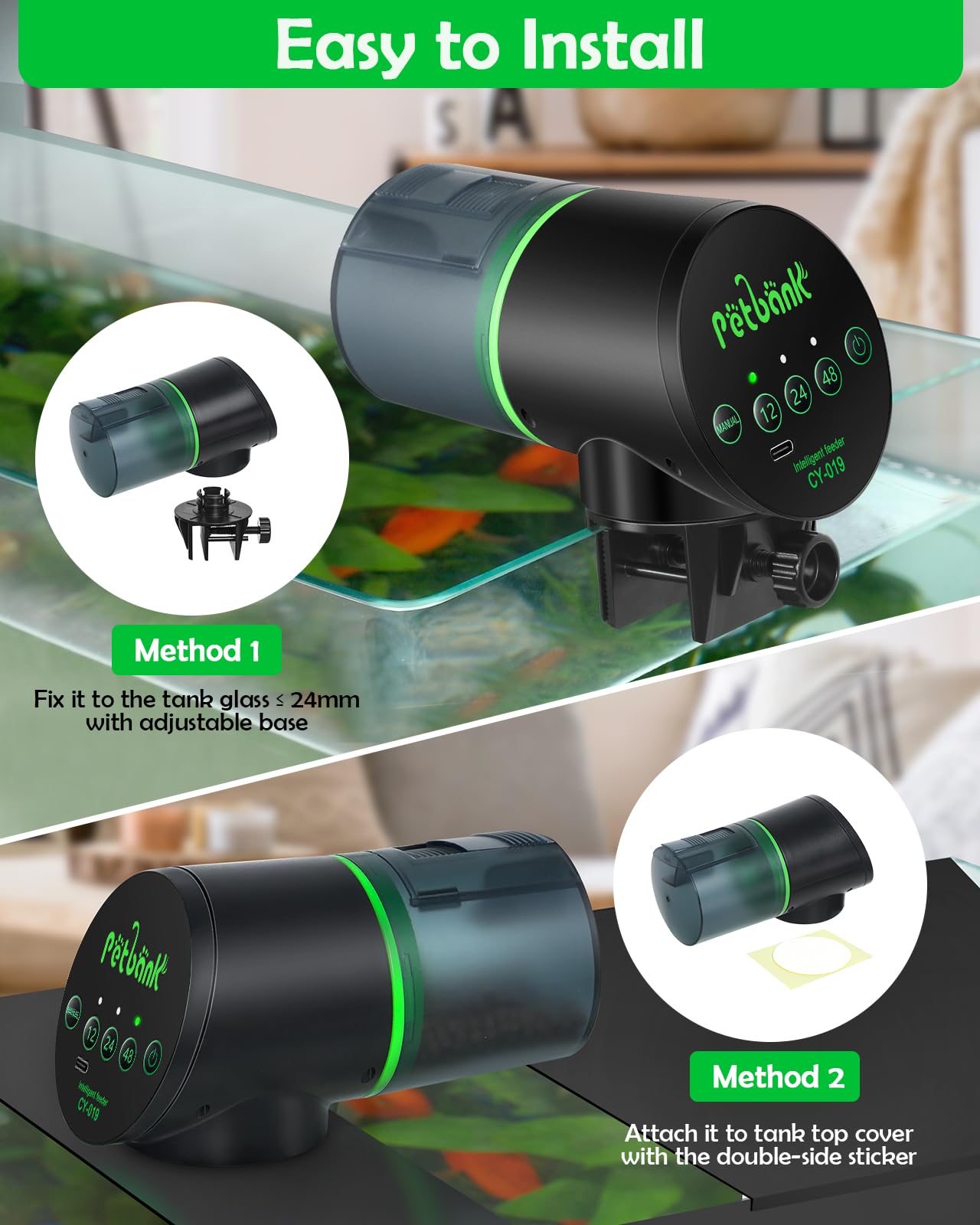 Petbank fish feeder USB charging image shows convenient rechargeable power for vacation feeding.