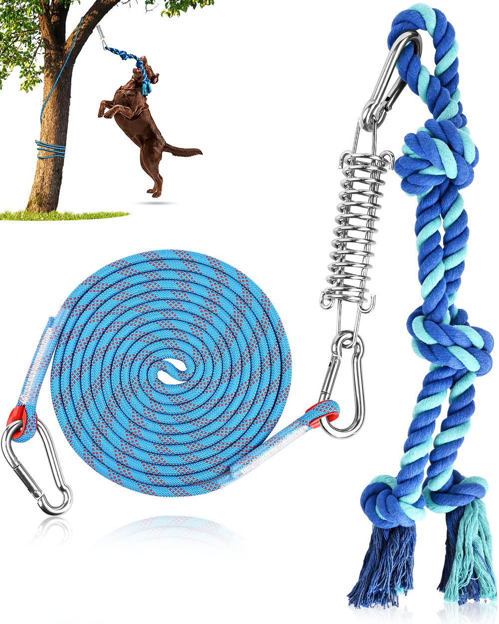 Petbobi Bungee Dog Toy outdoor hanging setup for solo tug play in the backyard.