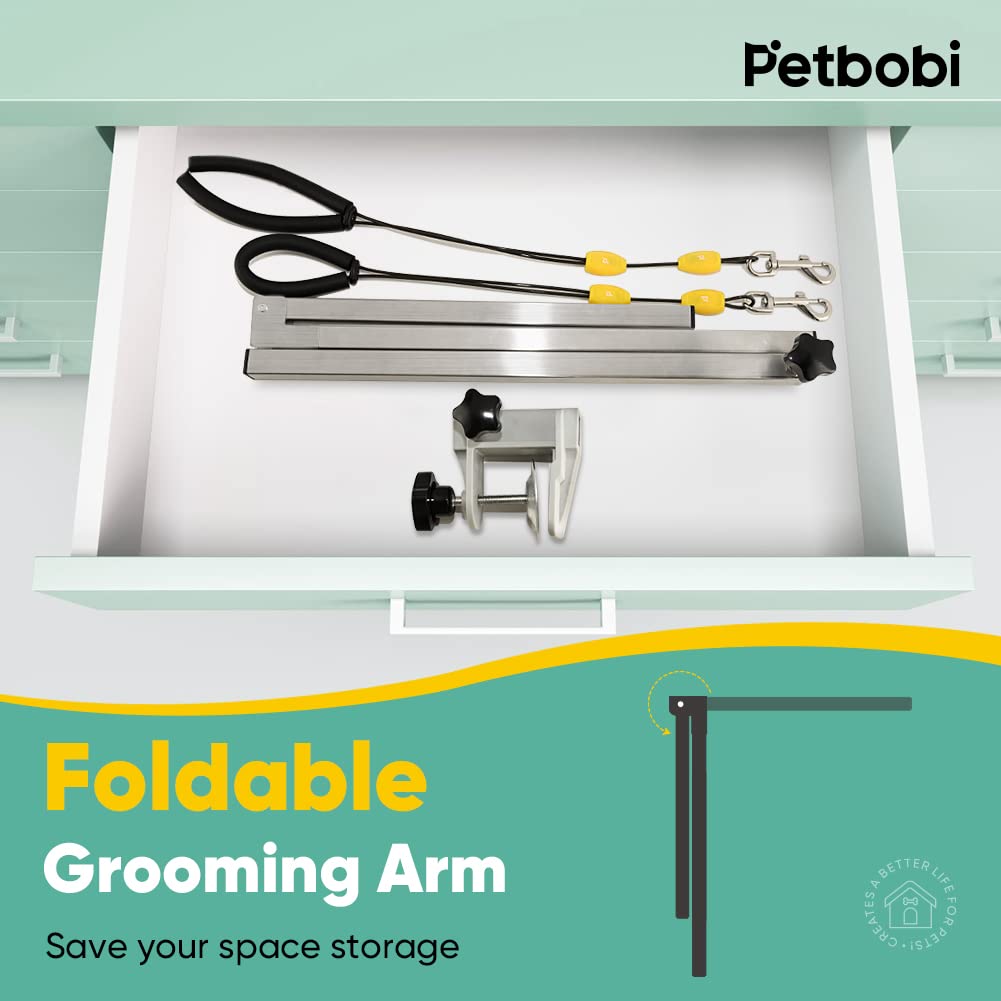 Petbobi foldable grooming arm stored compactly between sessions