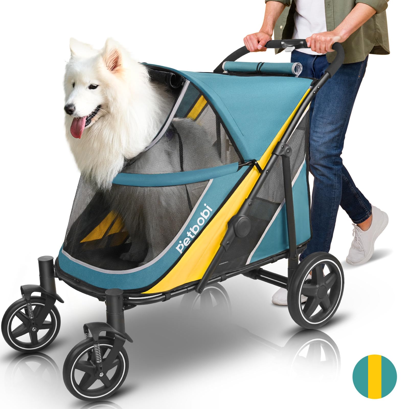 Petbobi dog stroller folding with one-hand mechanism for easy travel.