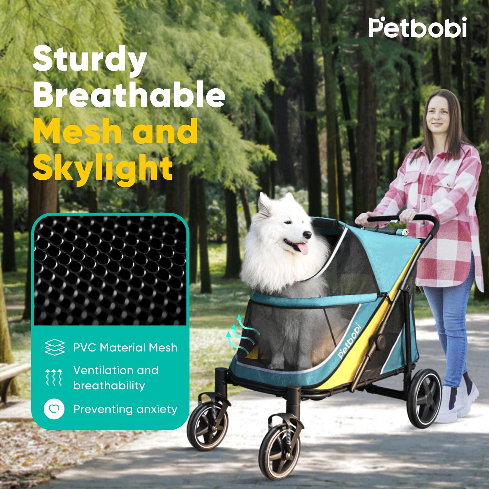 Petbobi dog stroller with a one-foot brake for secure stops.
