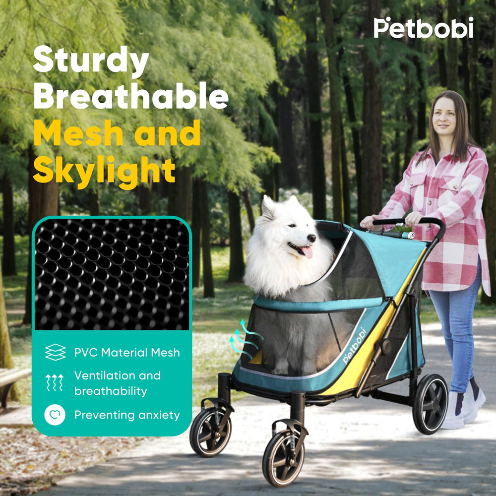 Petbobi dog stroller with a one-foot brake for secure stops.